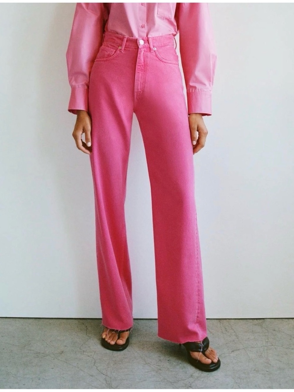 NWT Zara Bubble Gum Pink Solid Color Full Length Wide Leg Jeans